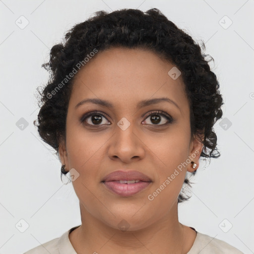 Joyful black young-adult female with short  brown hair and brown eyes