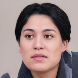 Neutral asian young-adult female with medium  black hair and brown eyes