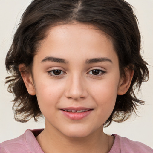 Joyful white child female with medium  brown hair and brown eyes