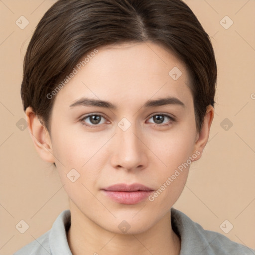 Neutral white young-adult female with short  brown hair and brown eyes