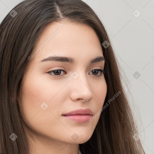 Neutral white young-adult female with long  brown hair and brown eyes