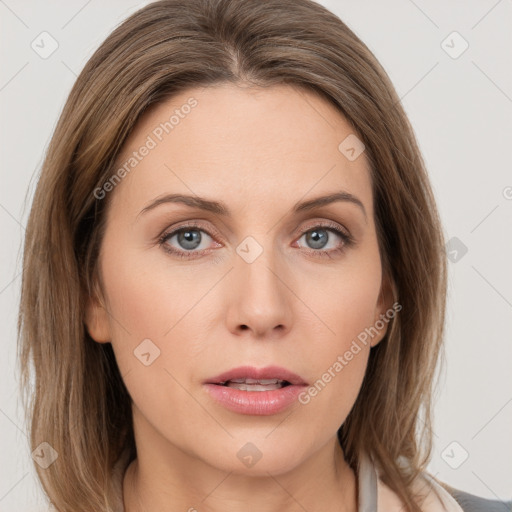 Neutral white young-adult female with medium  brown hair and grey eyes