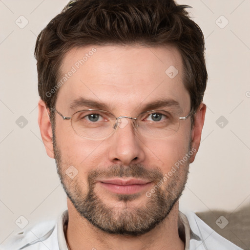 Joyful white adult male with short  brown hair and grey eyes