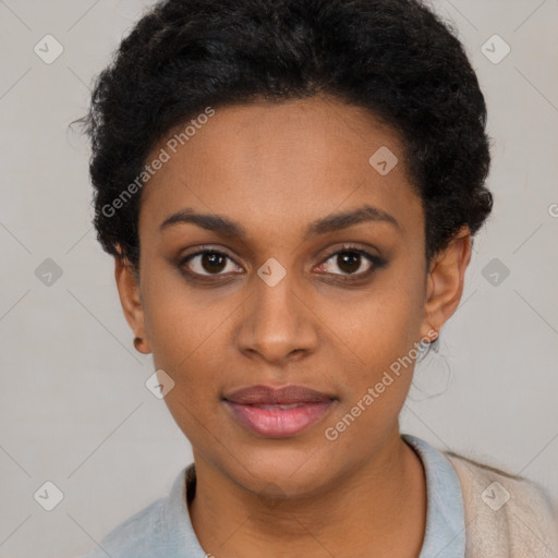 Neutral black young-adult female with short  black hair and brown eyes