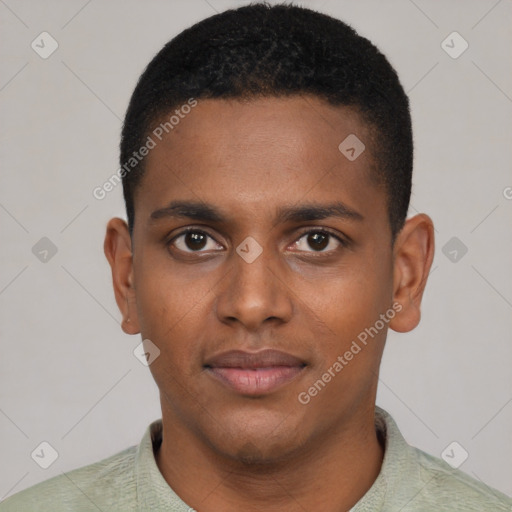 Neutral black young-adult male with short  brown hair and brown eyes