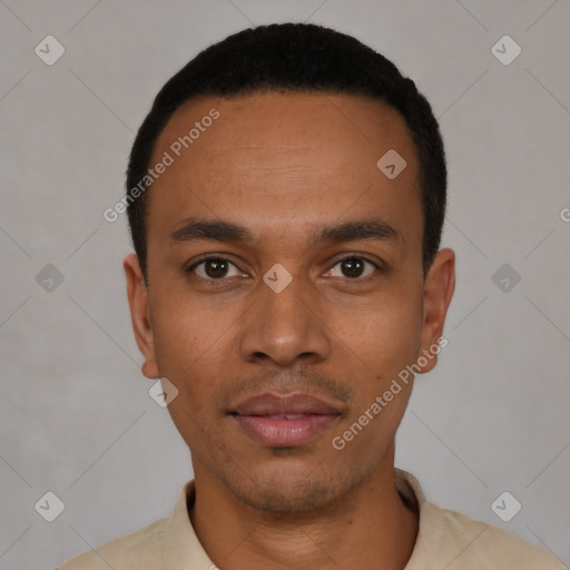Neutral latino young-adult male with short  black hair and brown eyes