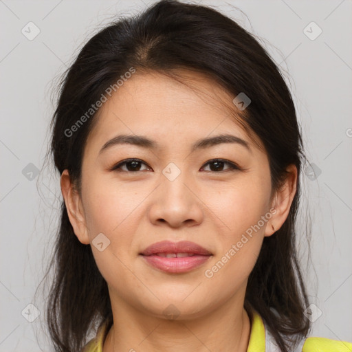 Joyful white young-adult female with medium  brown hair and brown eyes