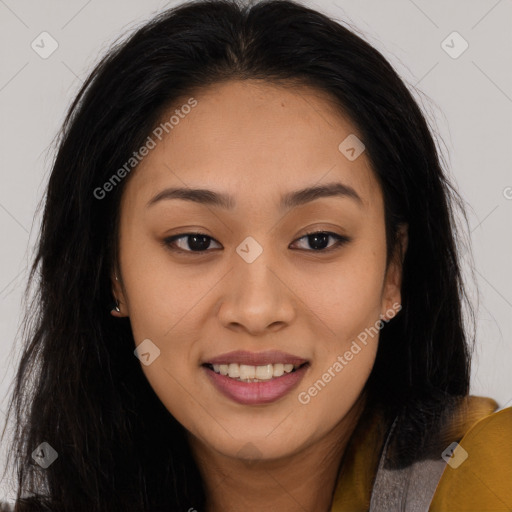 Joyful asian young-adult female with long  brown hair and brown eyes