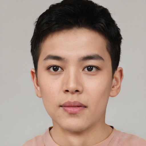 Neutral white young-adult male with short  black hair and brown eyes