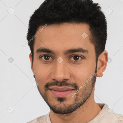 Neutral latino young-adult male with short  black hair and brown eyes