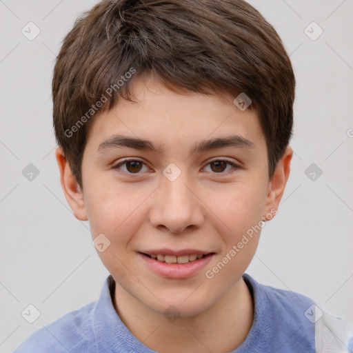 Joyful white child male with short  brown hair and brown eyes