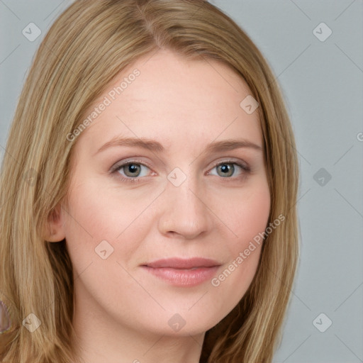 Joyful white young-adult female with long  brown hair and blue eyes