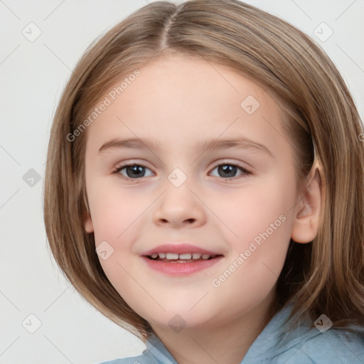 Joyful white child female with medium  brown hair and brown eyes