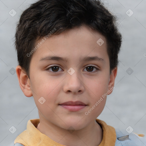 Joyful white child male with short  brown hair and brown eyes