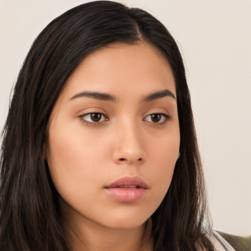 Neutral asian young-adult female with long  brown hair and brown eyes