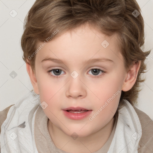 Joyful white child female with medium  brown hair and brown eyes