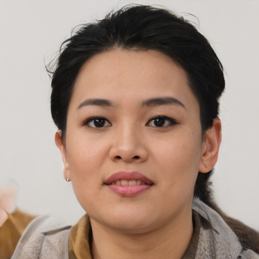 Neutral asian young-adult female with medium  black hair and brown eyes