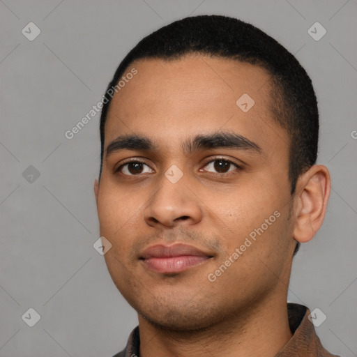 Neutral black young-adult male with short  black hair and brown eyes