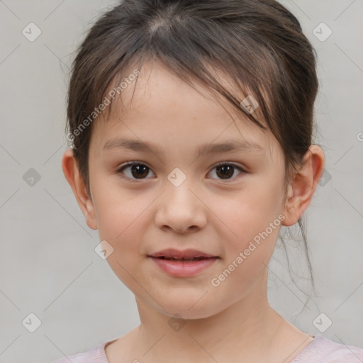 Joyful white child female with medium  brown hair and brown eyes