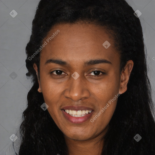 Joyful latino young-adult female with long  black hair and brown eyes