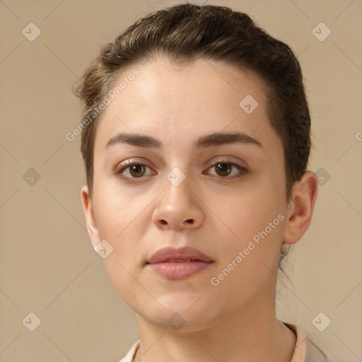 Neutral white young-adult female with short  brown hair and brown eyes