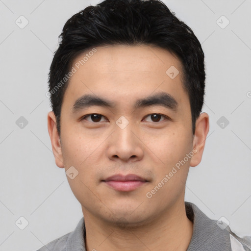 Neutral asian young-adult male with short  black hair and brown eyes