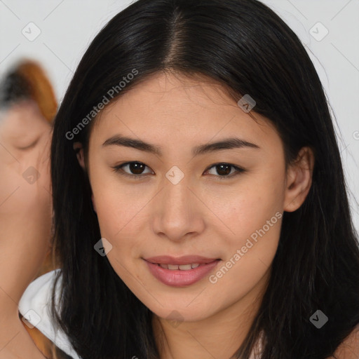 Joyful asian young-adult female with long  brown hair and brown eyes