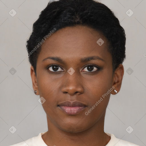 Neutral black young-adult female with short  brown hair and brown eyes