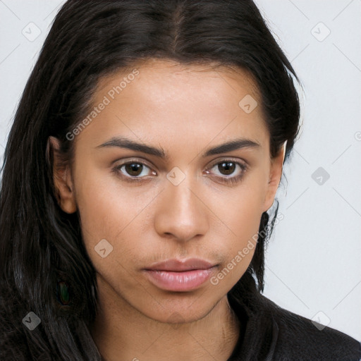 Neutral white young-adult female with long  brown hair and brown eyes