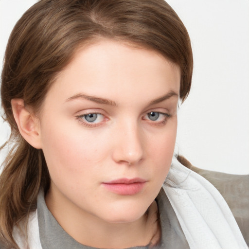 Neutral white young-adult female with medium  brown hair and blue eyes