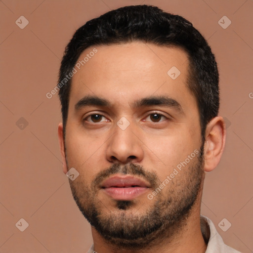 Neutral latino young-adult male with short  black hair and brown eyes