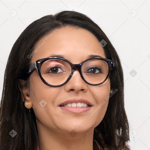 Joyful latino young-adult female with long  brown hair and brown eyes