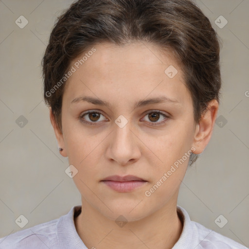 Neutral white young-adult female with short  brown hair and brown eyes