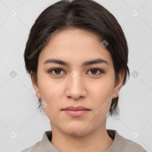 Neutral white young-adult female with medium  brown hair and brown eyes