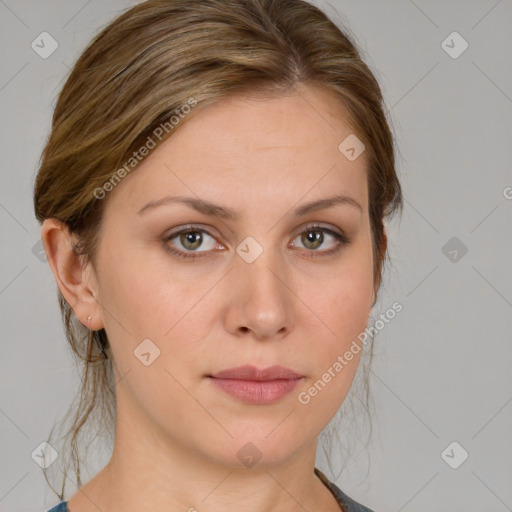 Neutral white young-adult female with medium  brown hair and grey eyes