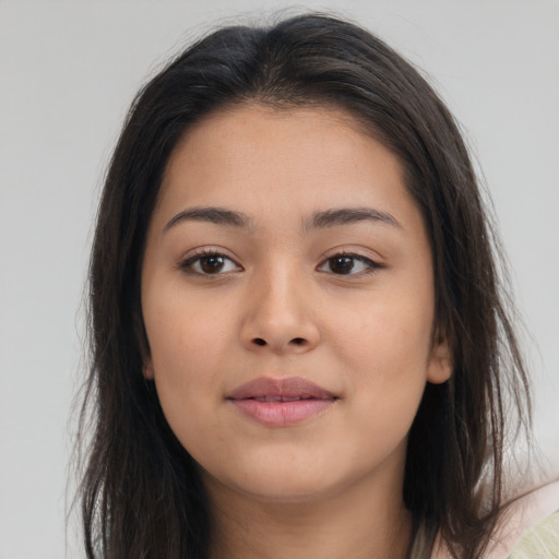 Neutral asian young-adult female with long  brown hair and brown eyes