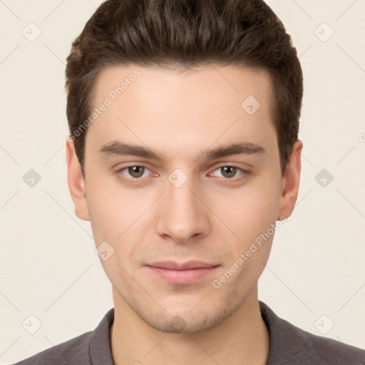 Neutral white young-adult male with short  brown hair and brown eyes