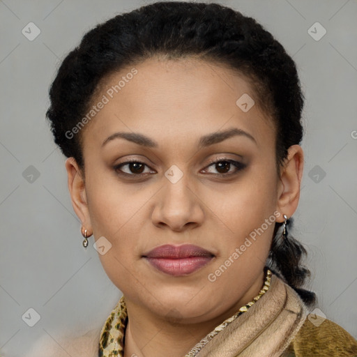 Joyful latino young-adult female with short  brown hair and brown eyes