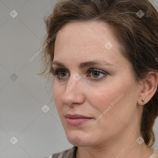 Neutral white adult female with medium  brown hair and brown eyes