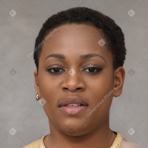 Joyful black young-adult female with short  brown hair and brown eyes