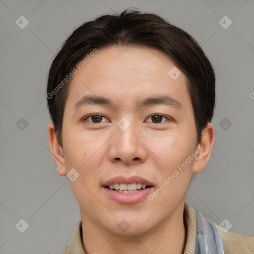 Joyful asian young-adult male with short  brown hair and brown eyes