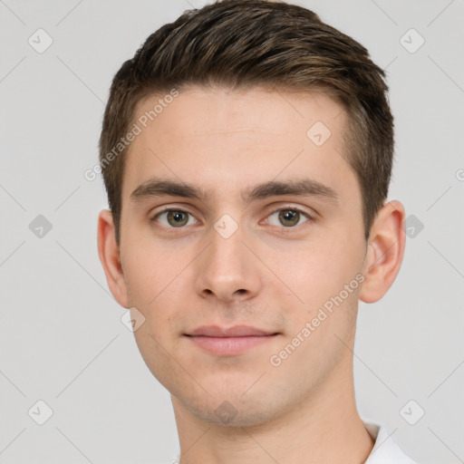 Neutral white young-adult male with short  brown hair and brown eyes