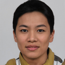 Joyful asian young-adult female with short  black hair and brown eyes