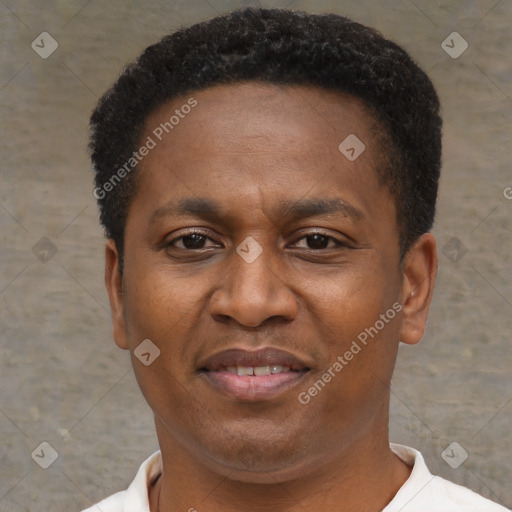 Joyful black adult female with short  brown hair and brown eyes