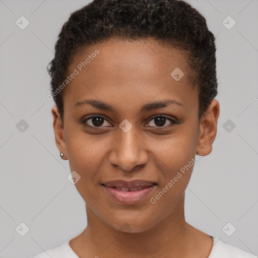 Joyful black young-adult female with short  brown hair and brown eyes