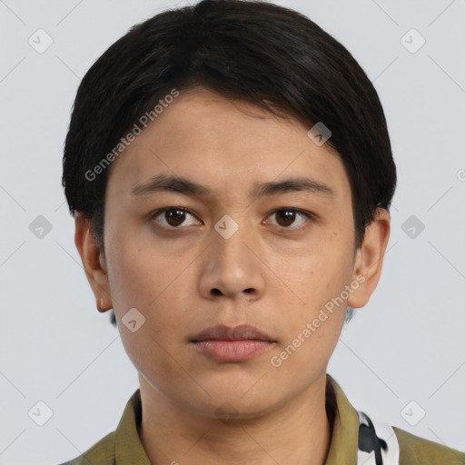 Neutral asian young-adult male with short  brown hair and brown eyes
