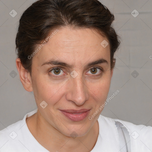 Joyful white adult female with short  brown hair and brown eyes