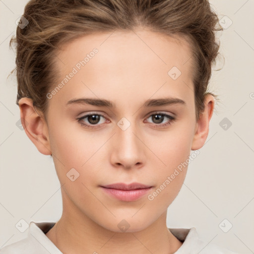 Neutral white young-adult female with short  brown hair and brown eyes