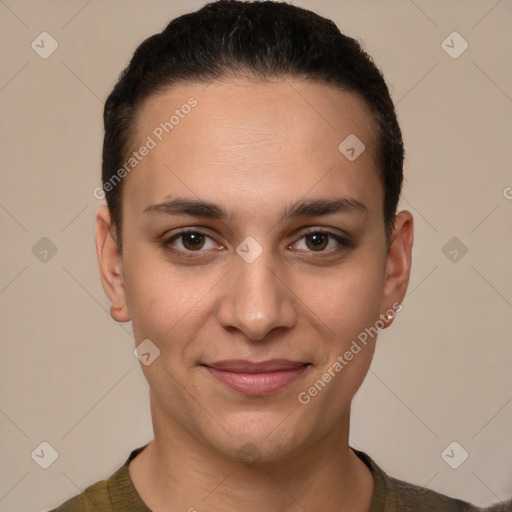 Joyful white young-adult female with short  brown hair and brown eyes