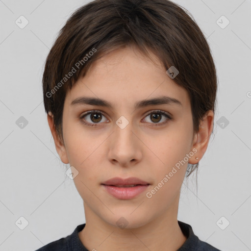 Neutral white young-adult female with short  brown hair and brown eyes